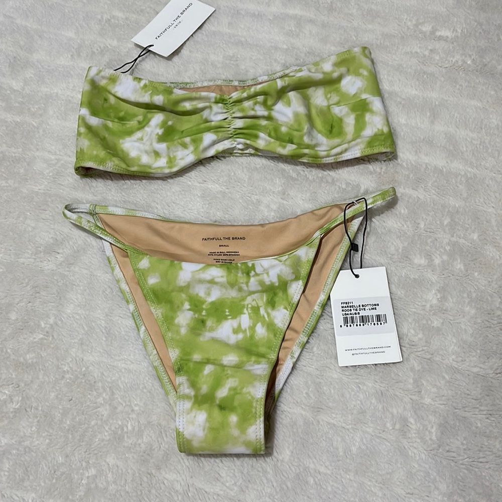 Faithfull the Brand Green and White Tie-Dye Bandeau Bikini Set